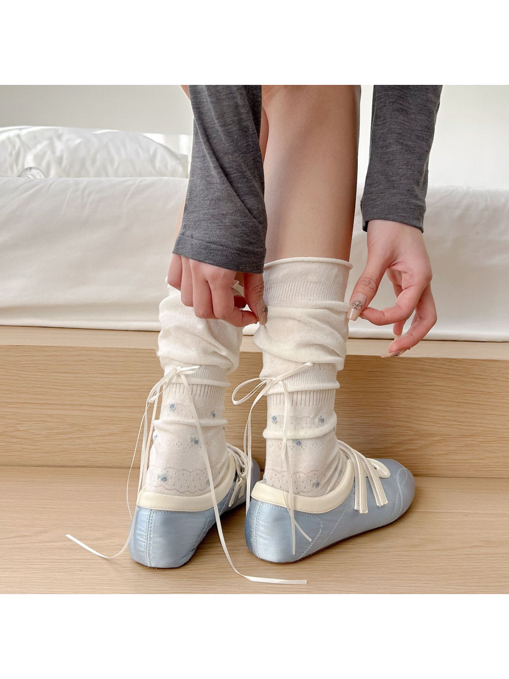 Rufia Soft Bloom Ruffle Crew Socks worn with casual outfit, highlighting soft bloom pattern