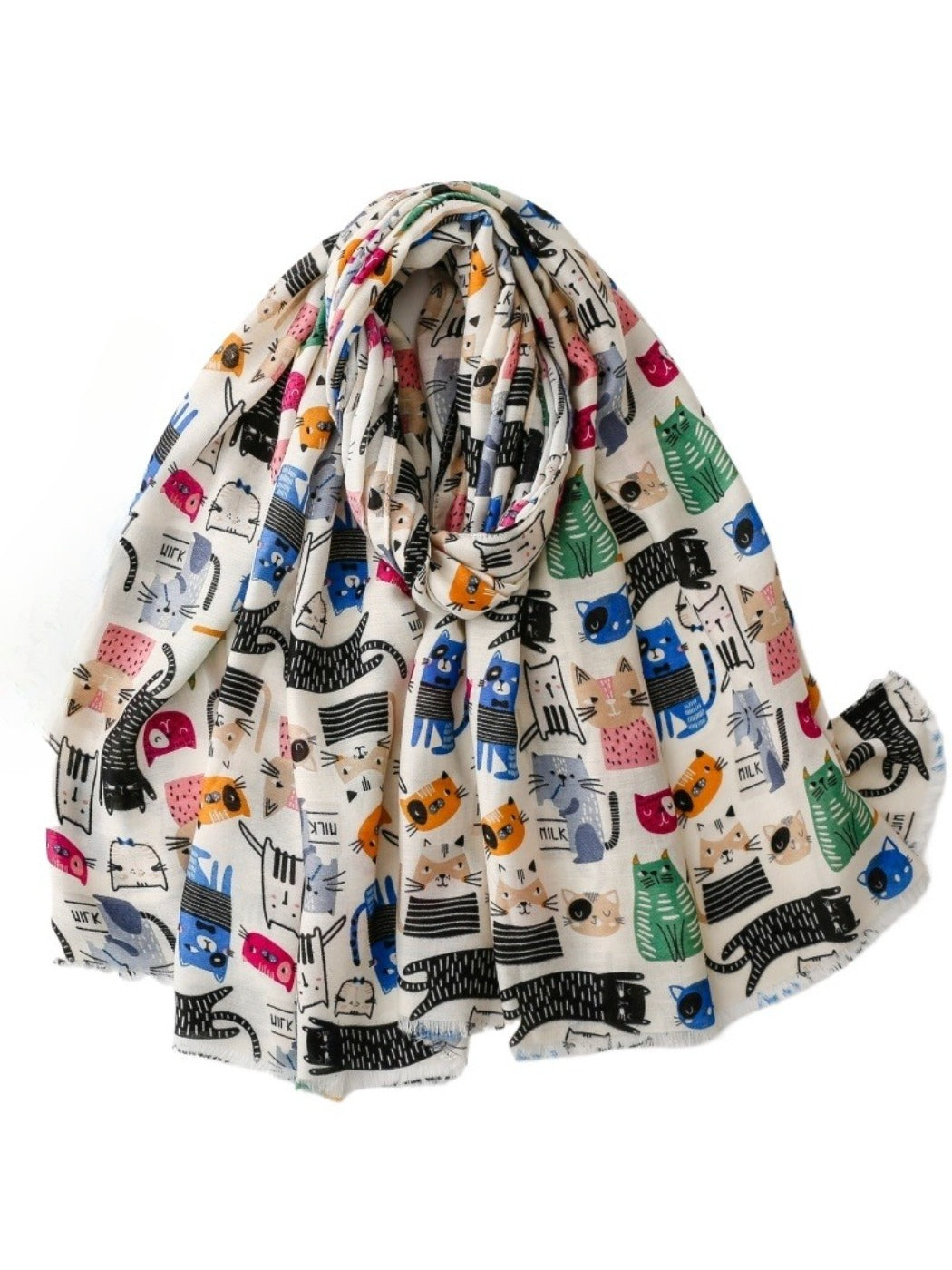 Colourful scarf featuring a playful cat sketch design on soft fabric