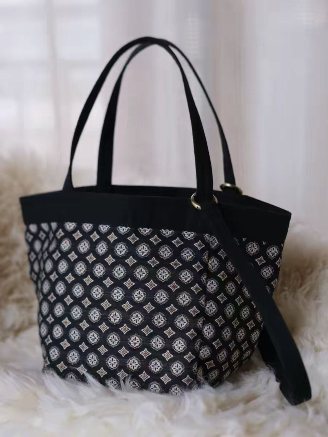 Cosbai black tote bag with tile pattern displayed on white background