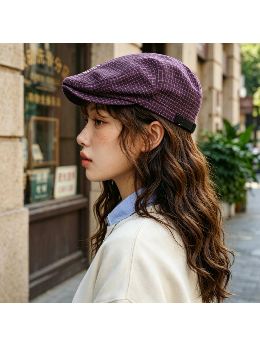 Haila - Grid Check Embroidered Flat Cap