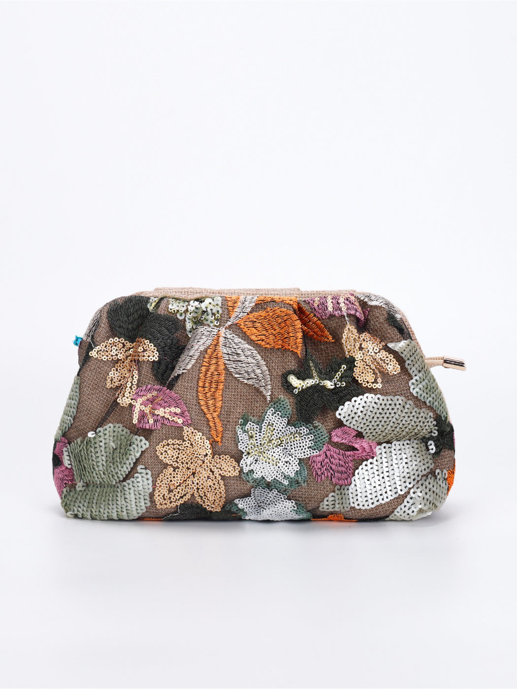 Cosbai evening clutch bag with floral sequins placed next to matching accessories