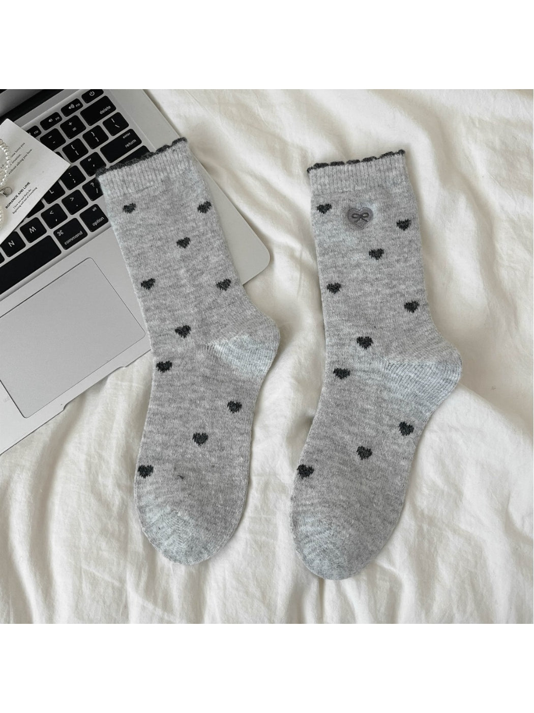 Rufia – Sweet Mid-Calf Socks with Heart & Bow Print
