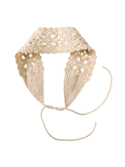 Scarvii crochet lace knit headband displayed alongside matching knit accessories