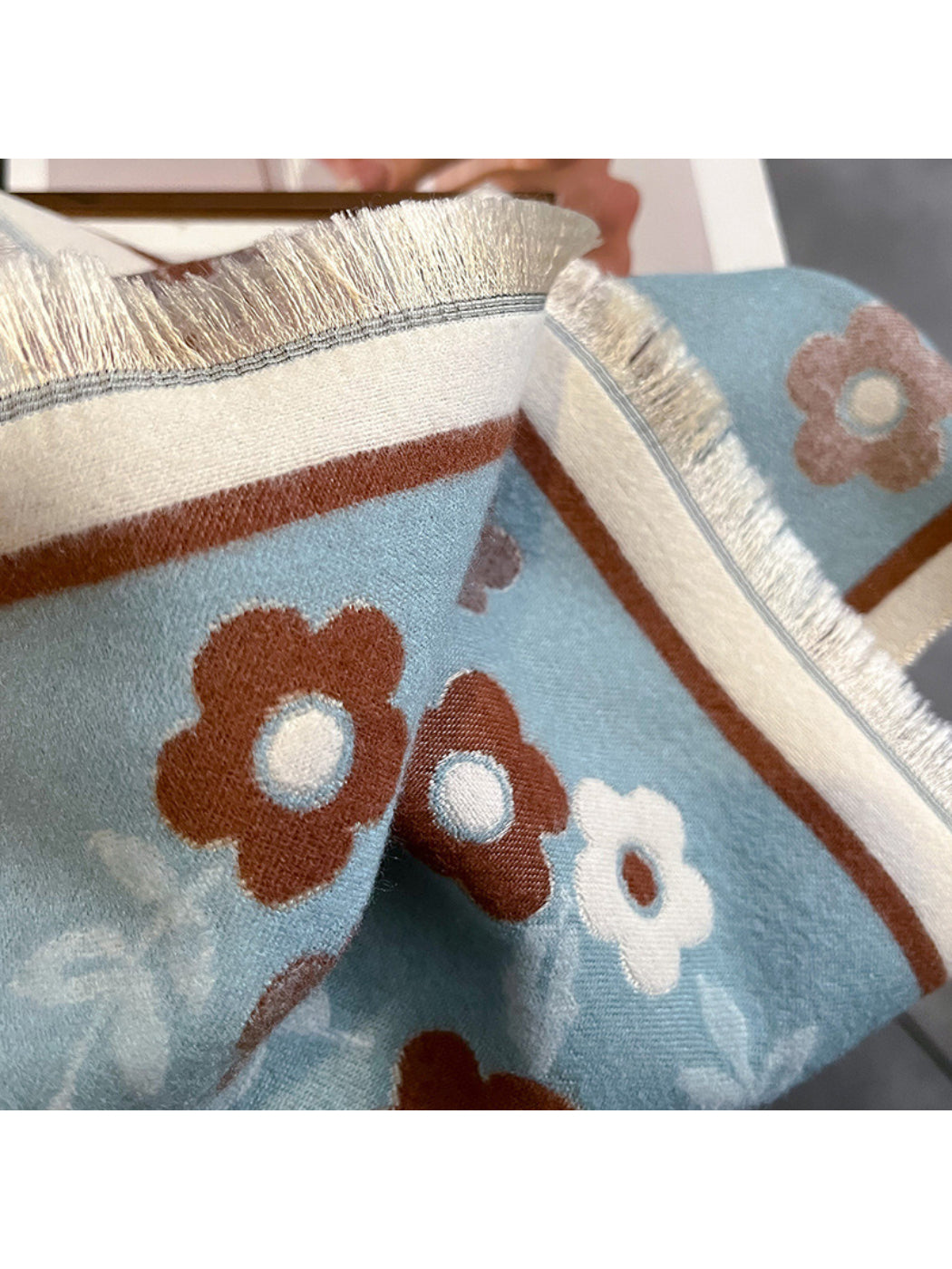 Scarvii - Retro Floral Contrast Border Fringe Scarf
