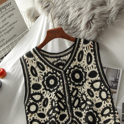 Crosa Black and White Floral Hollow Knit Vest showing floral motif and knit texture