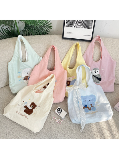 Cosbai - Embroidered Bear and Bunny Hobo Bag