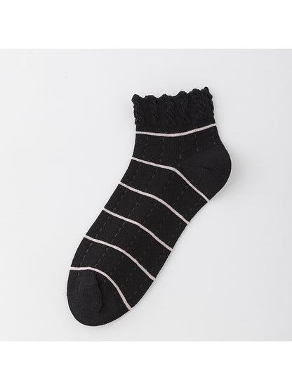Rufia - Ruffle Cuff Striped Pattern Ankle Socks