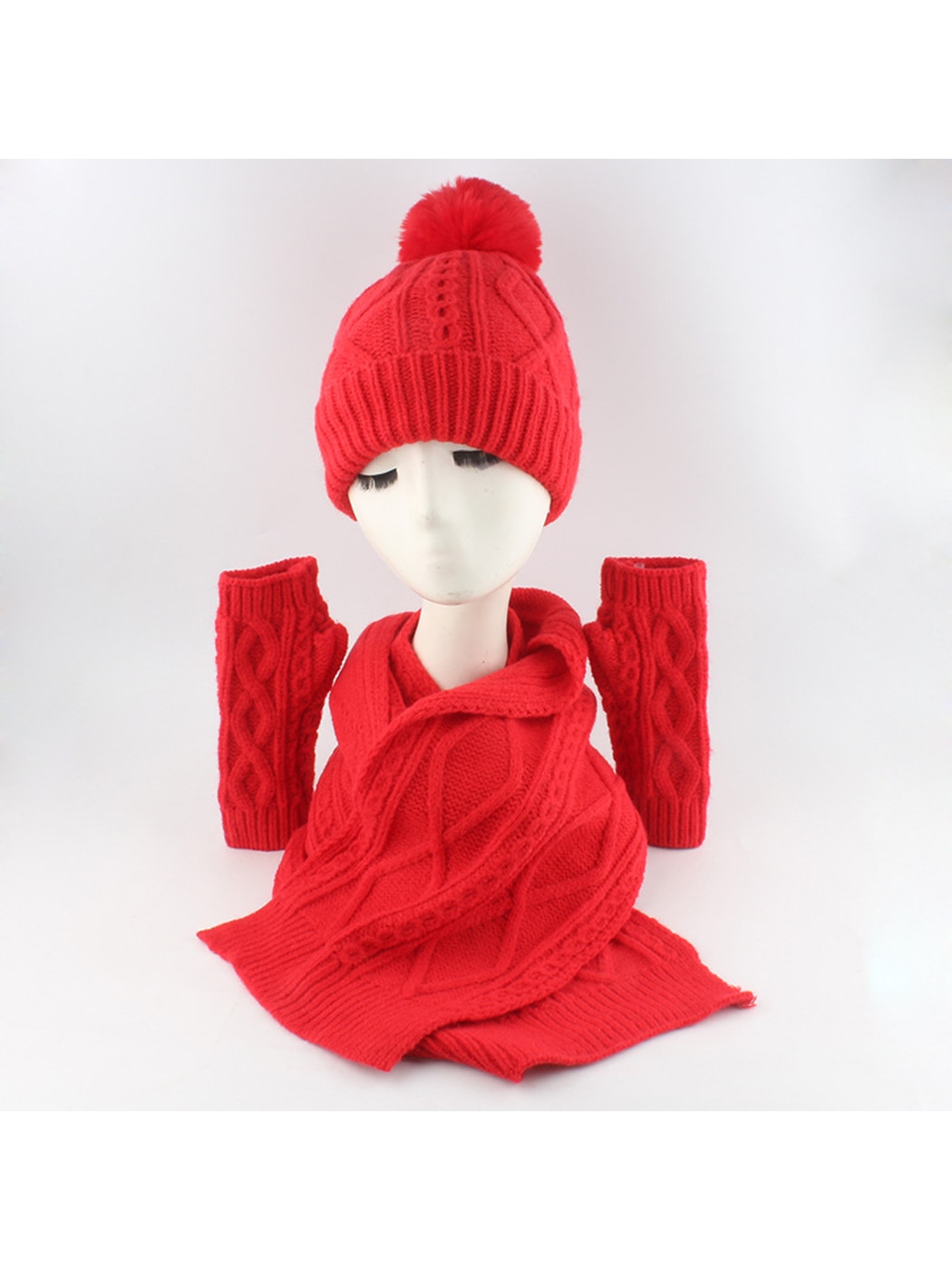 Haila - Retro Cable Knit Beanie Scarf Gloves Set