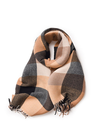 Scarvii - Ribbed Colorblock Plaid Fringed Scarf