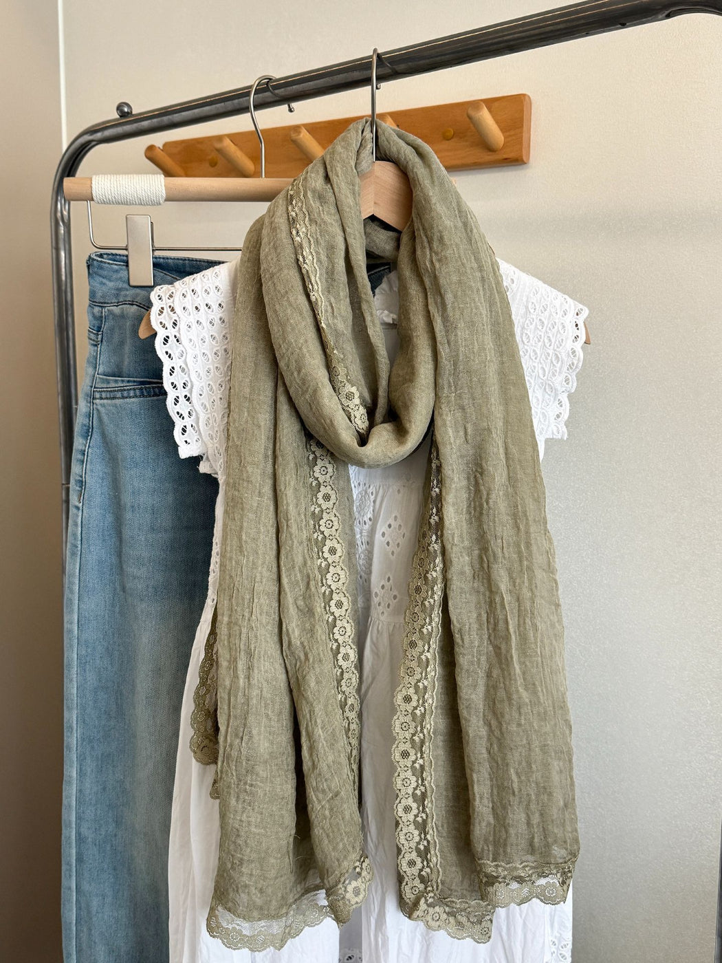 Scarvii - Lace Trim Crinkle Long Scarf