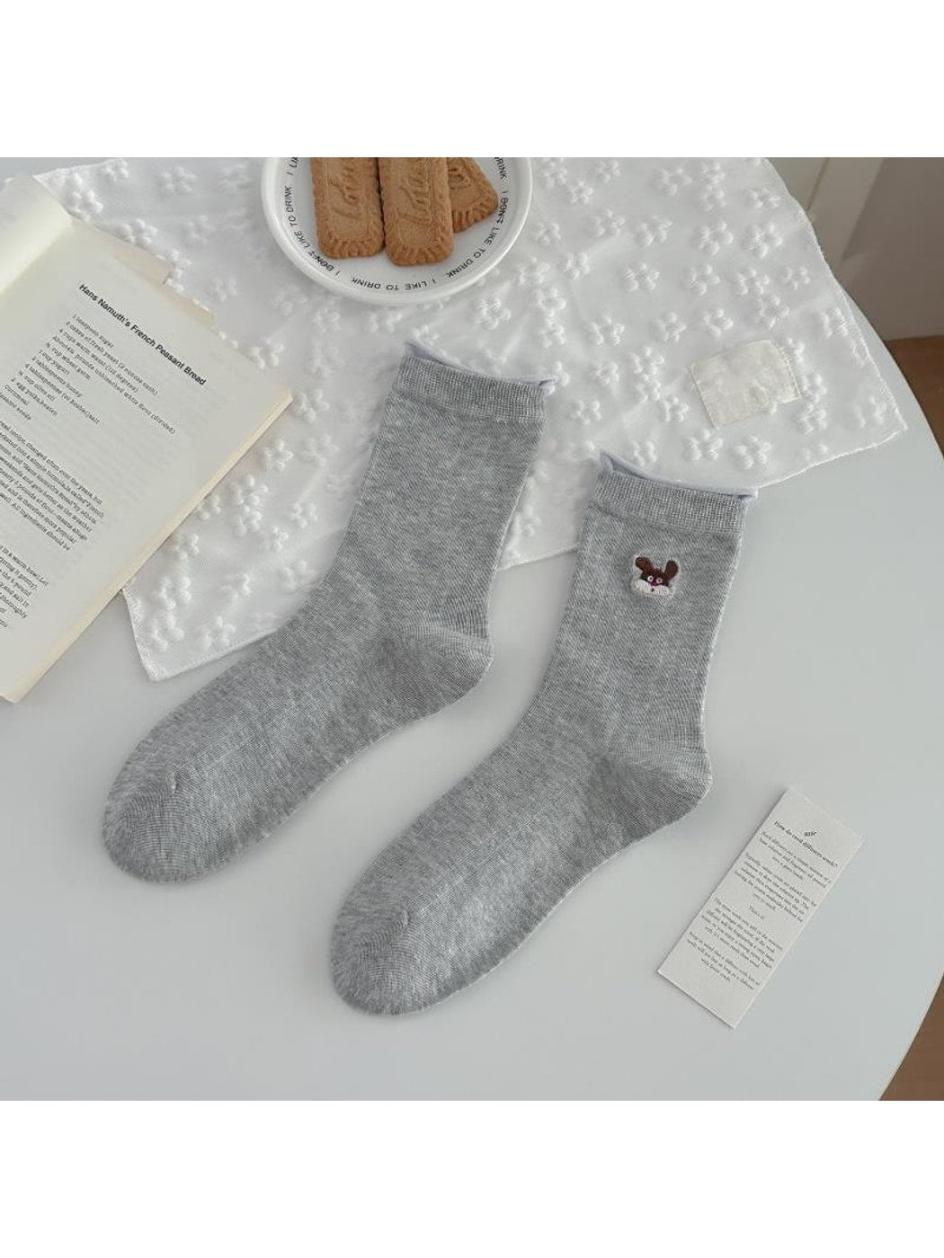 Rufia - Playful Dog Embroidery Ribbed Crew Socks
