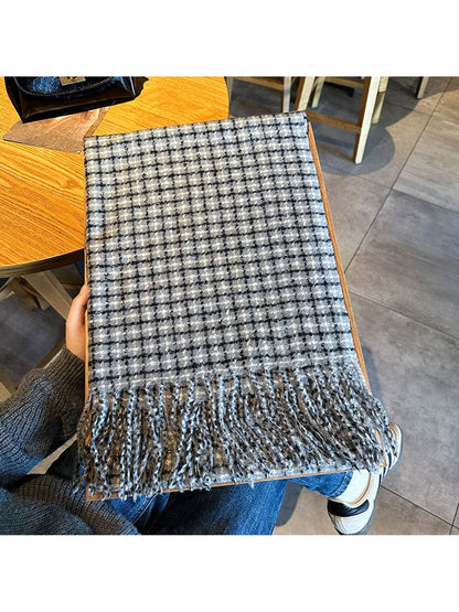 Scarvii - Textured Plaid Fringed Winter Scarf