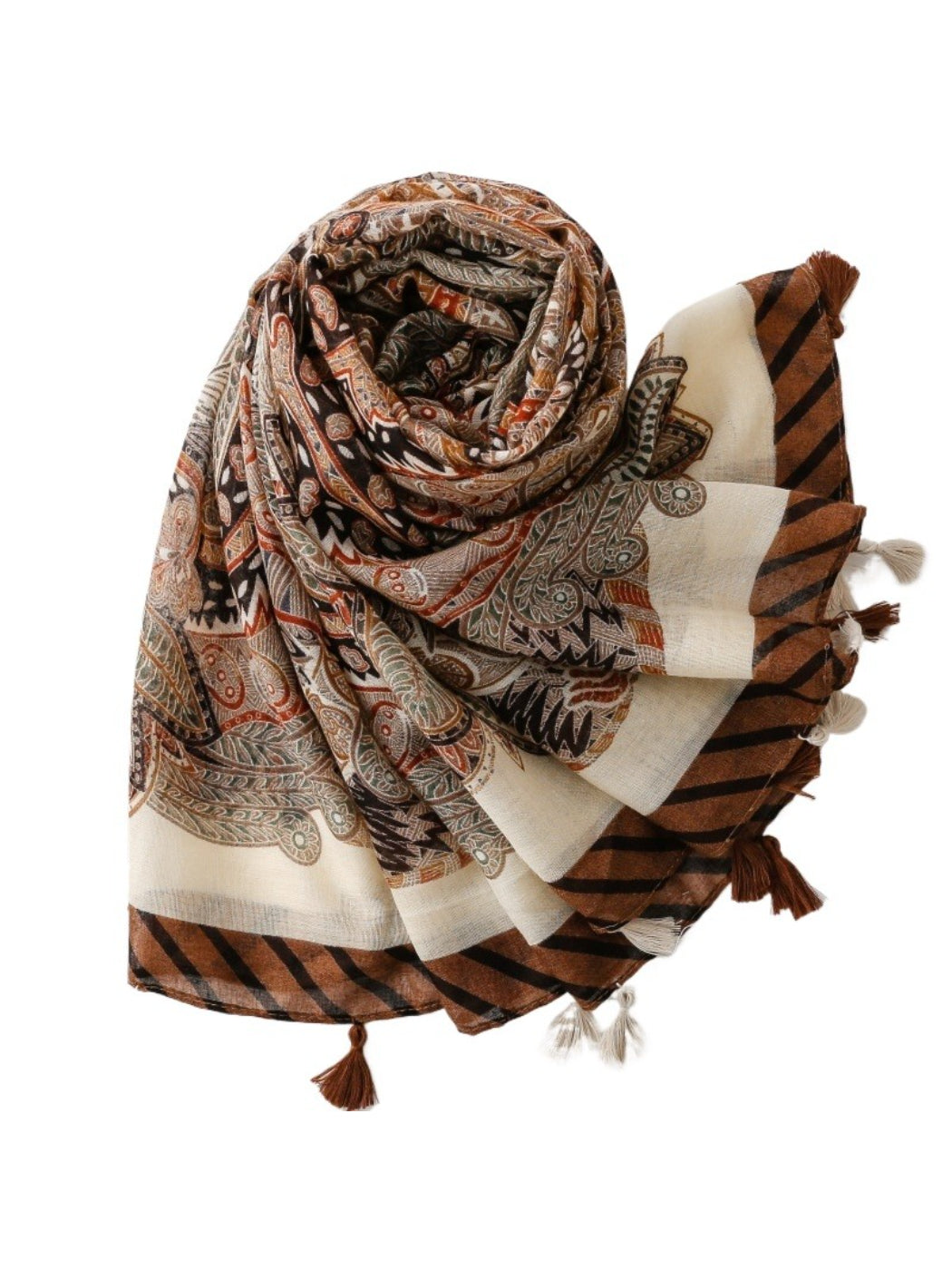 Close-up of paisley pattern and tassel details on boho wrap scarf