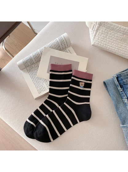 Rufia - Bear Embroidered Striped Crew Socks