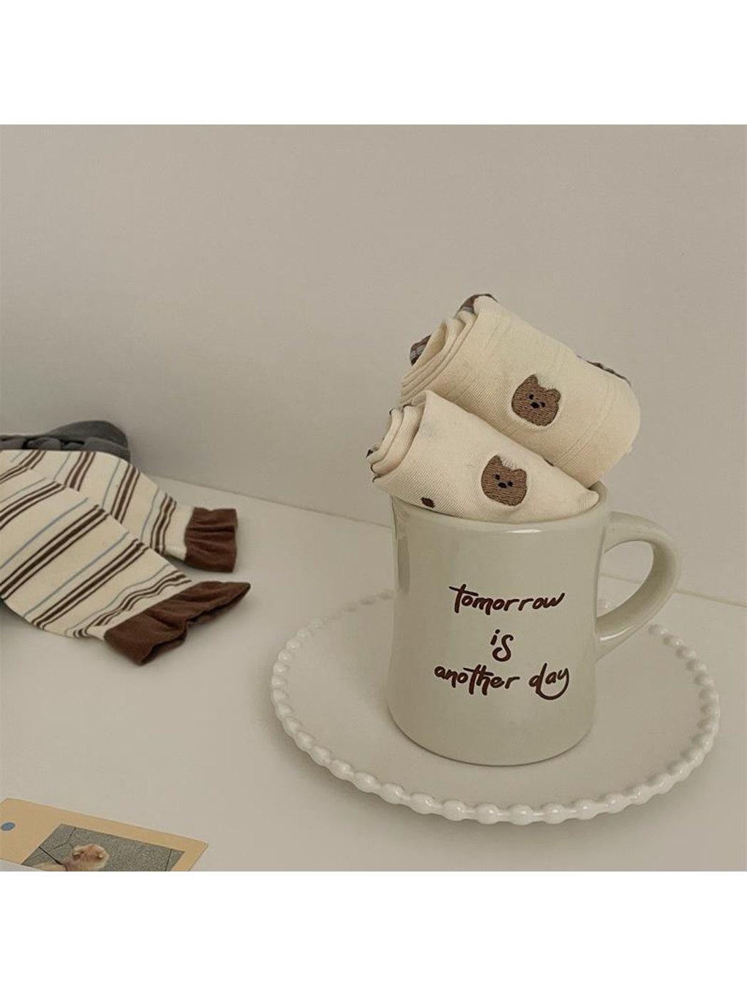 Rufia - Brown Cute Bear Pattern Crew Socks