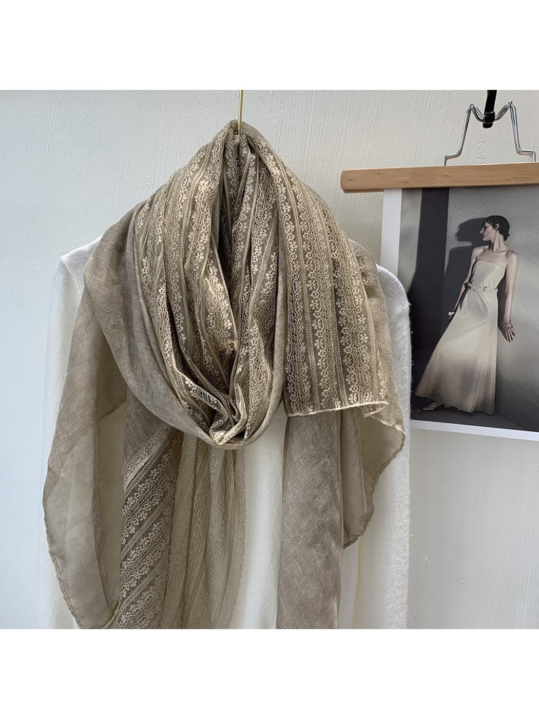 Scarvii - Lace Trim Solid Color Long Fashion Scarf