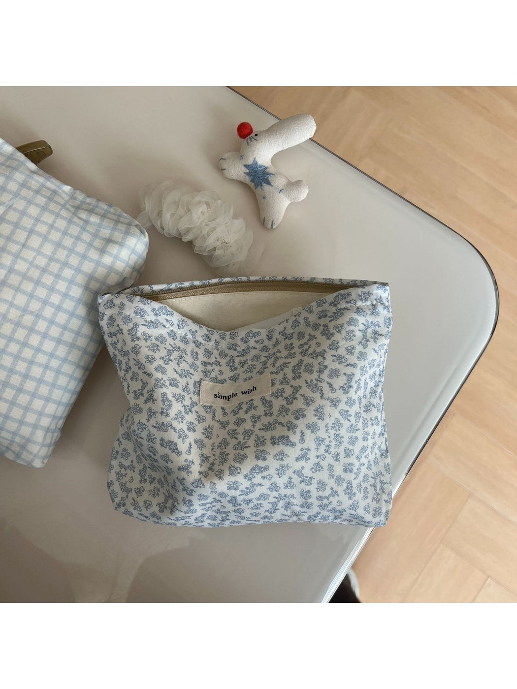 Cosbai - Blue Tones Plaid and Floral Makeup Bag
