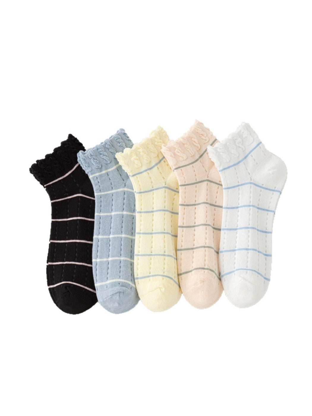 Pair of Rufia frill trim ankle socks with blue and white stripes on a white background