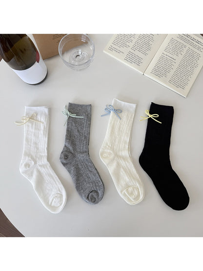 Rufia - Sweet Style Bow Accent Ribbed Crew Socks