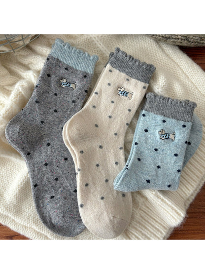 Rufia - Cute Puppy Embroidered Dot Crew Socks