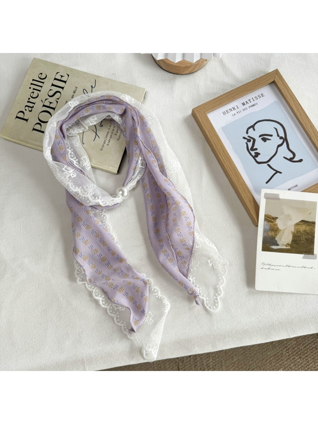Scarvii - Lace Double Layer Floral Long Narrow Scarf
