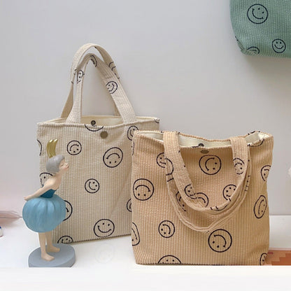 Cosbai - Black Smiley Face Corduroy Tote Bag