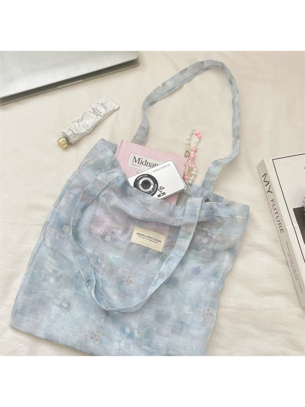 Cosbai pastel flower everyday tote bag displayed on white background