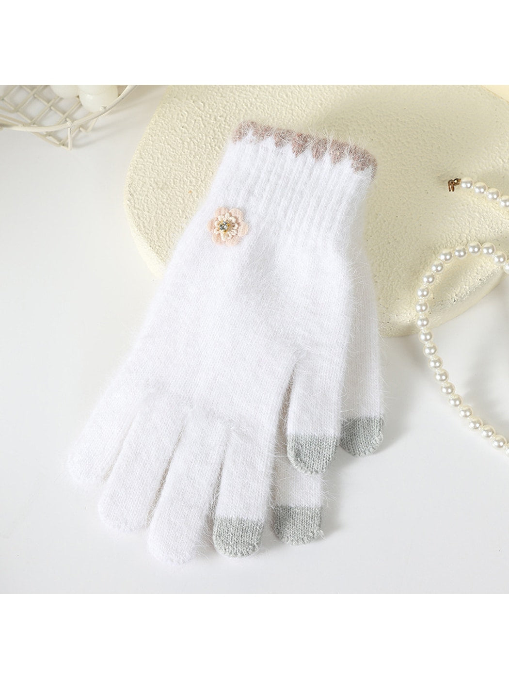 Gloving - Floral Accent Fuzzy Knit Winter Gloves