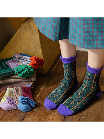Rufia - Retro Pattern Ruffle Crew Socks