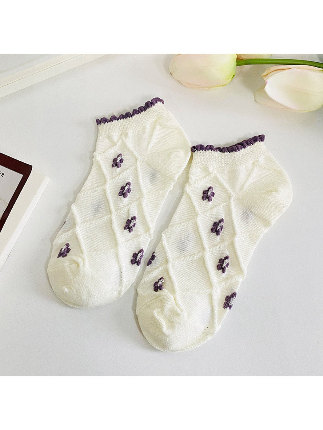 Rufia - Ruffle Cuff Floral Pattern Ankle Socks
