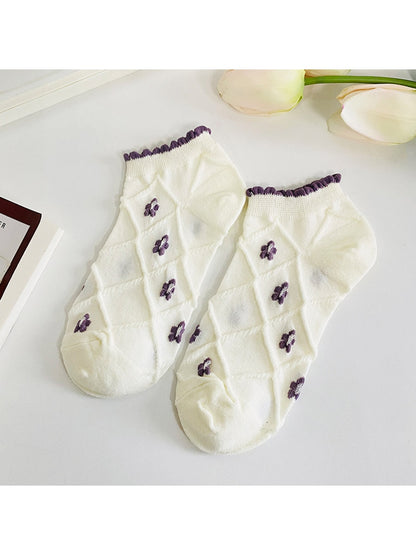 Rufia - Ruffle Cuff Floral Pattern Ankle Socks