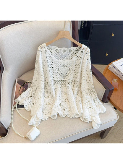 Crosa - Geometric Openwork Bell Pullover Top