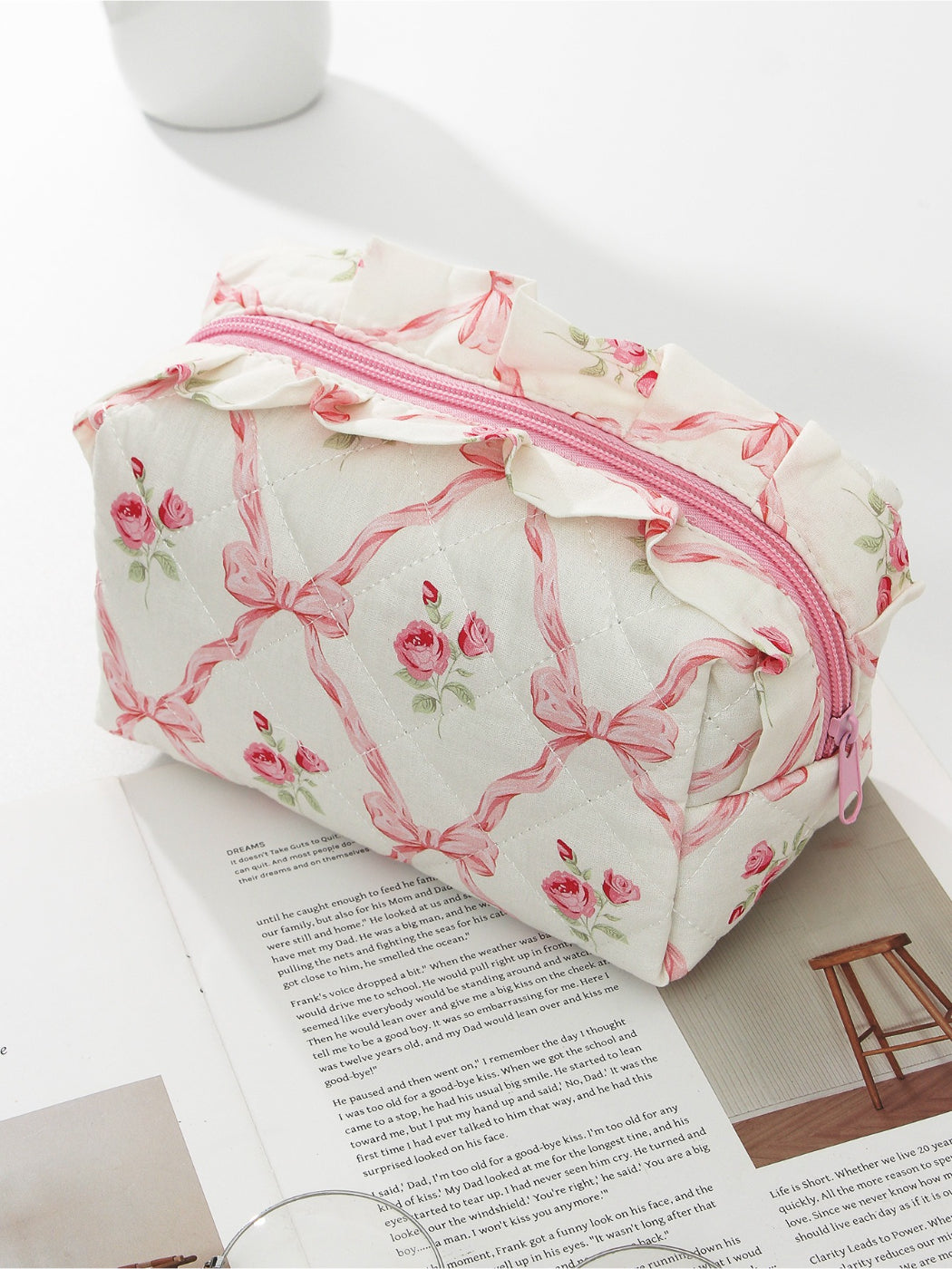 Cosbai - Floral Quilted Makeup Bag with Lace Trim detail view 3