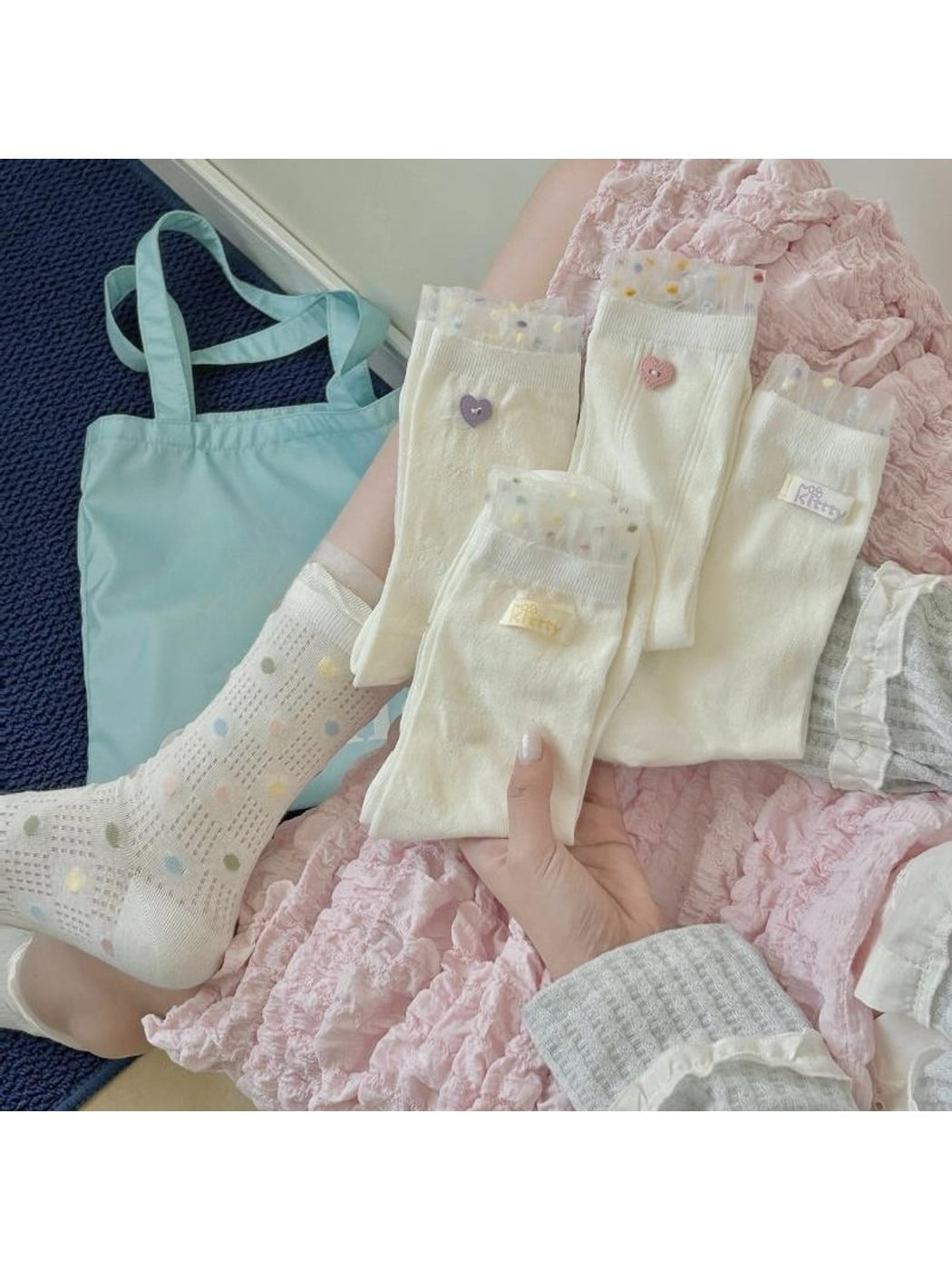 Rufia - Cute Dot Pattern White Crew Socks