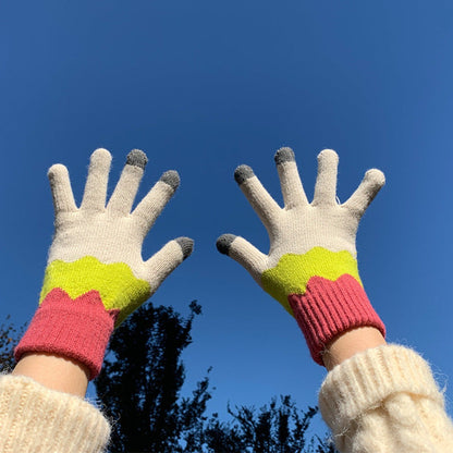 Knitting patchwork touchscreen gloves showing inner lining