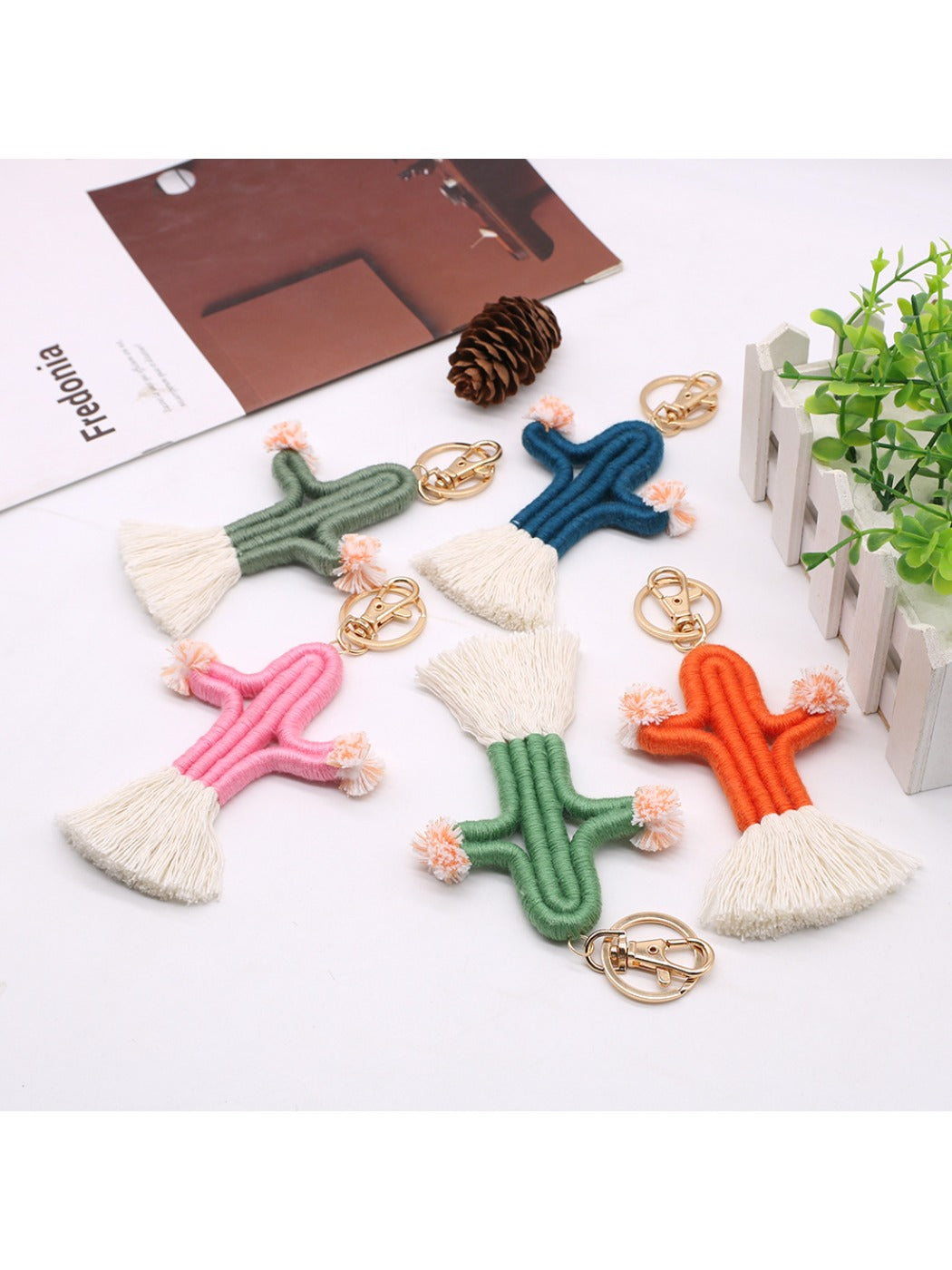 Koco Crochet Cactus Keychain with Pompom & Tassel showing floral motif and tassel detail
