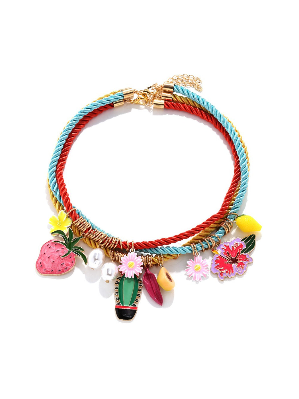 Neckit Summer Charm Necklace with mixed fruit and floral charms arranged on a flat surface