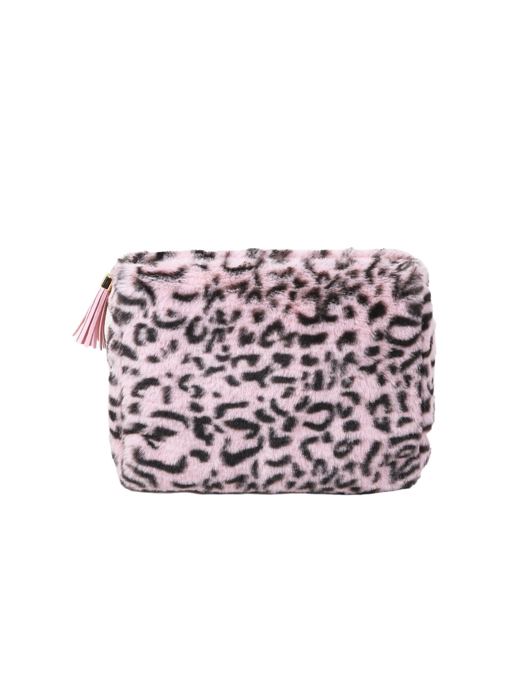 Cosbai leopard faux fur cosmetic pouch with zipper detail visible