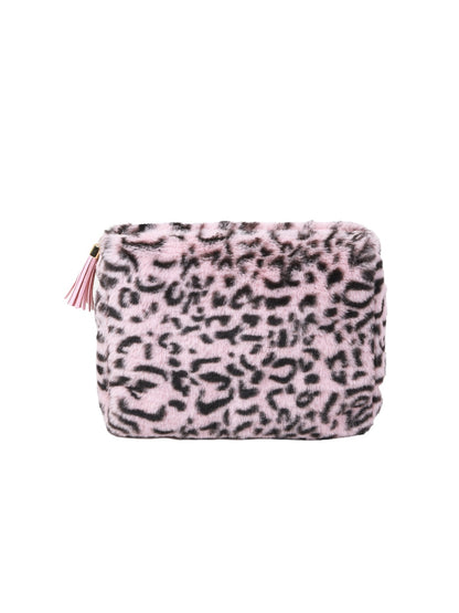 Cosbai leopard faux fur cosmetic pouch with zipper detail visible
