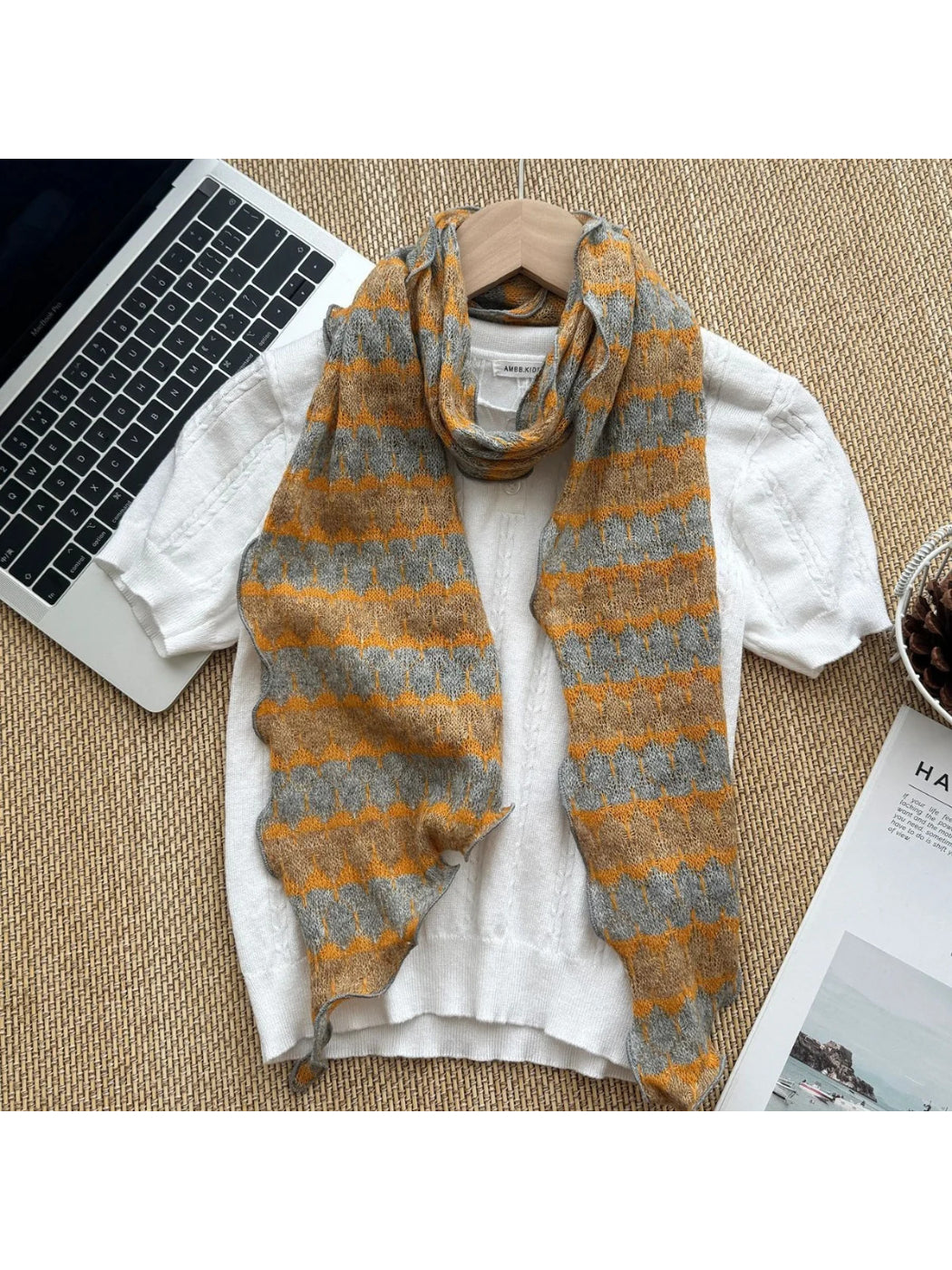 Scarvii - Geometric Striped Knit Narrow Scarf