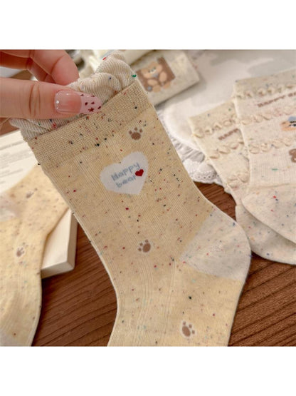 Rufia - Pale Yellow Cartoon Bear Crew Socks