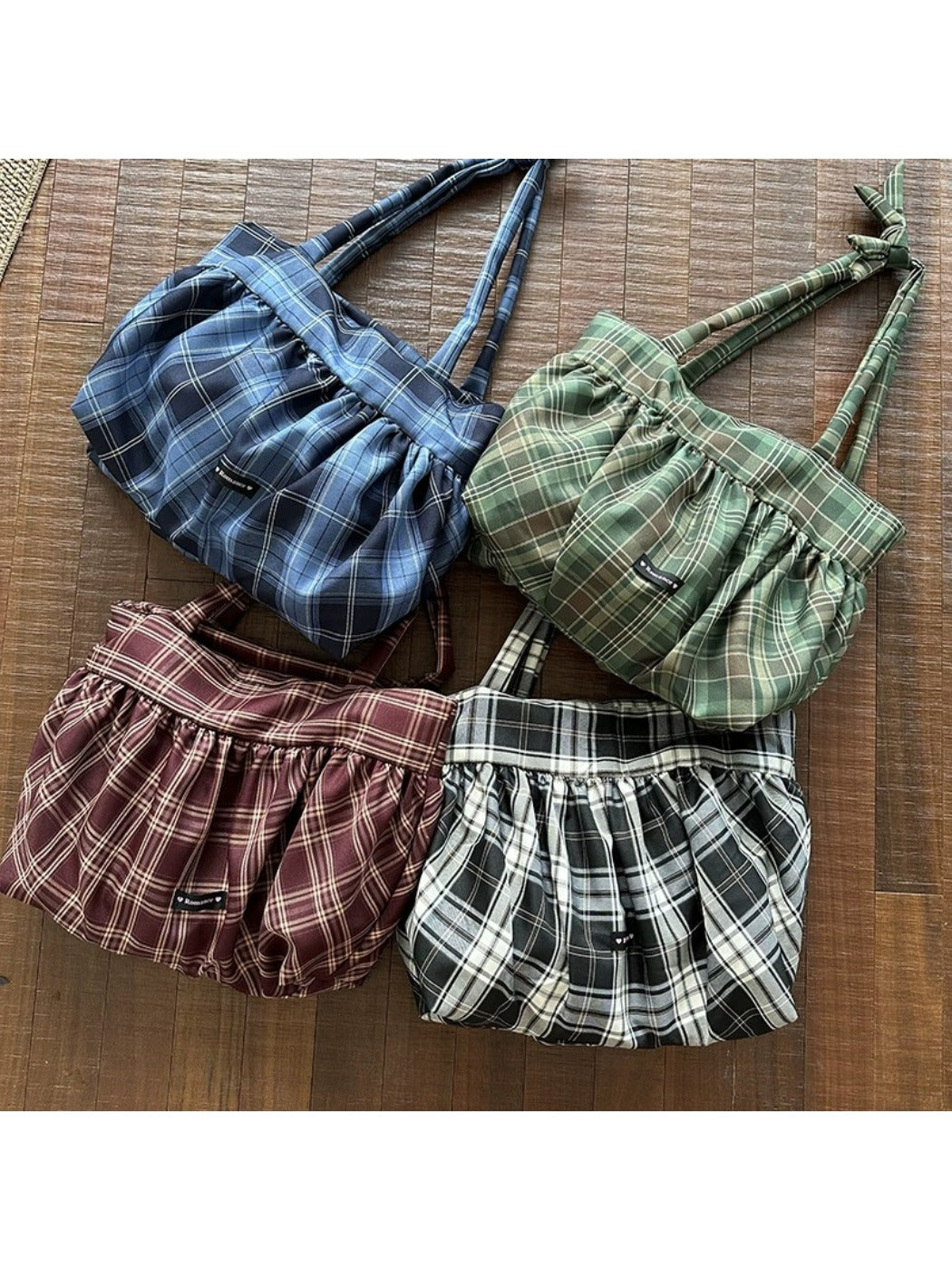 Side angle of Cosbai Retro Plaid Shoulder Bag showing shoulder strap