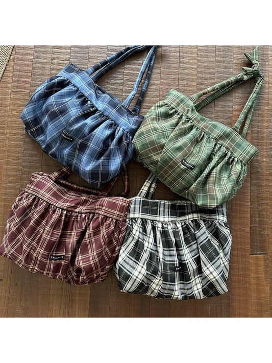 Side angle of Cosbai Retro Plaid Shoulder Bag showing shoulder strap