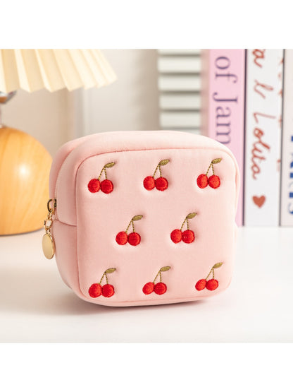 Cosbai - Embroidered Cherry Cosmetic Organizer Bag