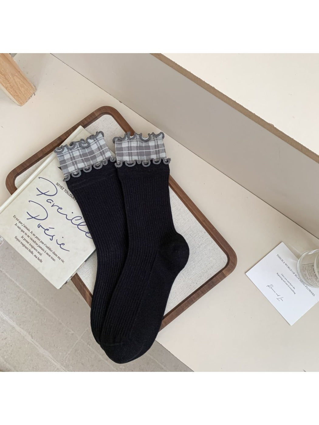 Rufia - Ruffled Edge Plaid Mid-Calf Winter Socks