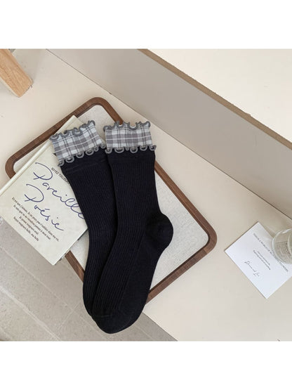 Rufia - Ruffled Edge Plaid Mid-Calf Winter Socks