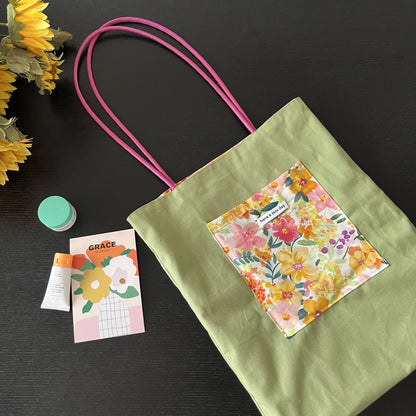 Cosbai pink strap floral tote bag displayed upright with handles visible