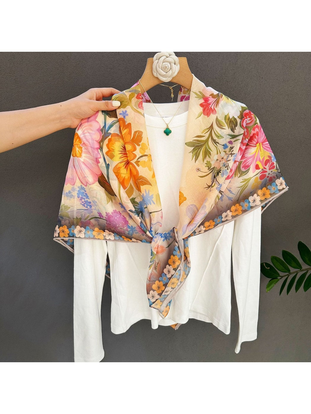 Scarvii - Garden Motif Printed Fashion Square Scarf