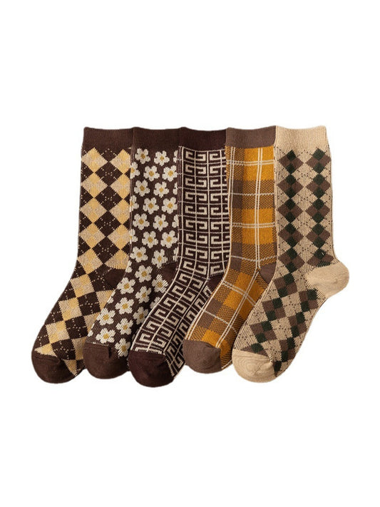 Rufia - Retro Brown-Tone Mid-Calf Winter Socks