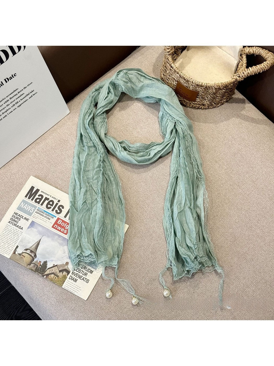 Scarvii - Elegant Solid Color Pleated Beaded Scarf